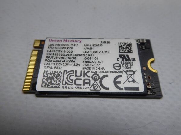 Lenovo ORIGINAL 512GB M.2 2242 PCIe Gen4x4 NVMe SSD Festplatte 5SS0W79506 #5079