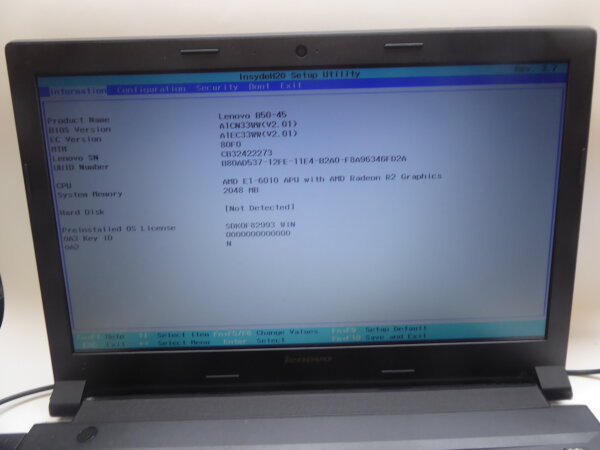 Lenovo B50-45 NoteBook mit Speicher ohne Akku HDD und Netzteil geht an