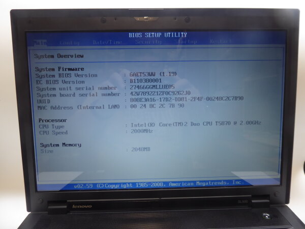 Lenovo Thinkpad SL500 Intel T5870 2GB NoteBookt Akku ohne HDD Netzteil geht an