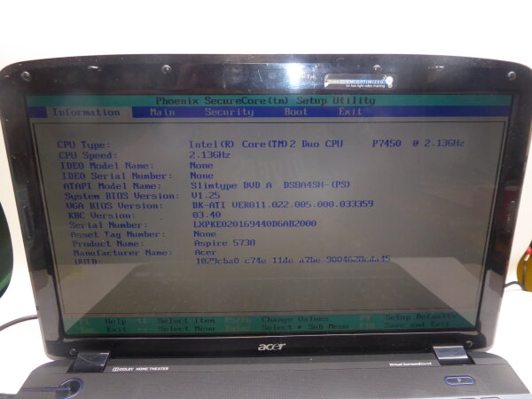 Acer Aspire 5738DG NoteBook Intel P7450 2GB ohne Akku HDD und Netzteil geht an