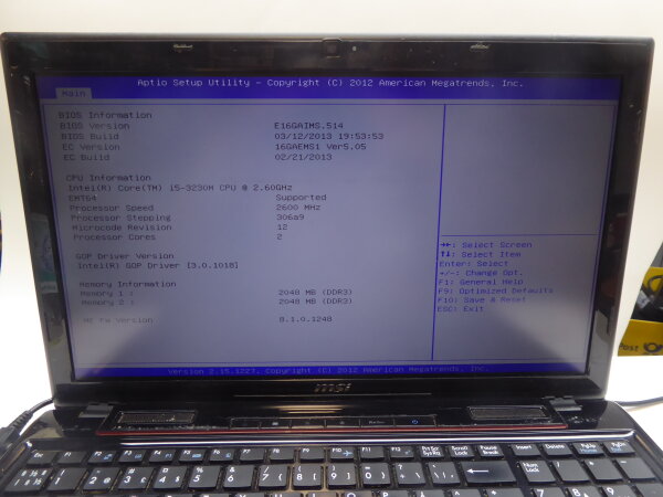 MSI GE60 Notebook Intel i5-3230M 4GB DVD Akku ohne HDD NT geht an