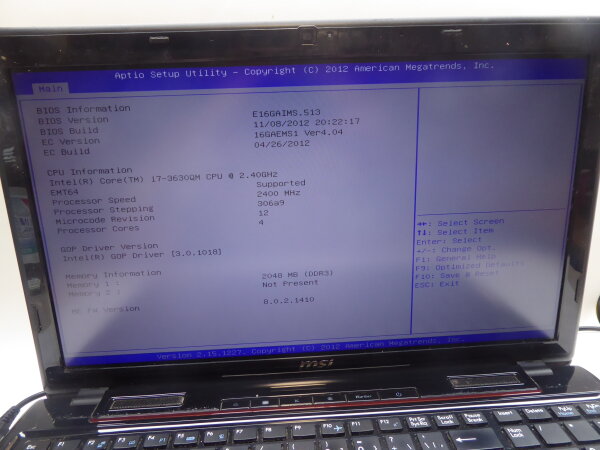 MSI GE60 Notebook Intel i7-3630QM 2GB DVD Akku ohne HDD NT geht an