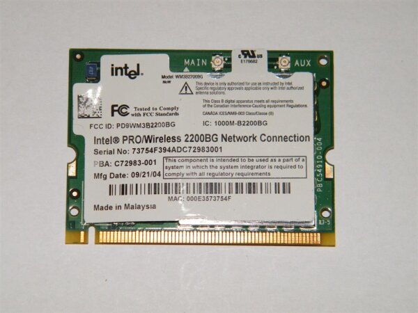 Intel Wireless 2200BG Mini PCI Wlan Adapter WM3B2200BG TA: C88306-010 #2257.06